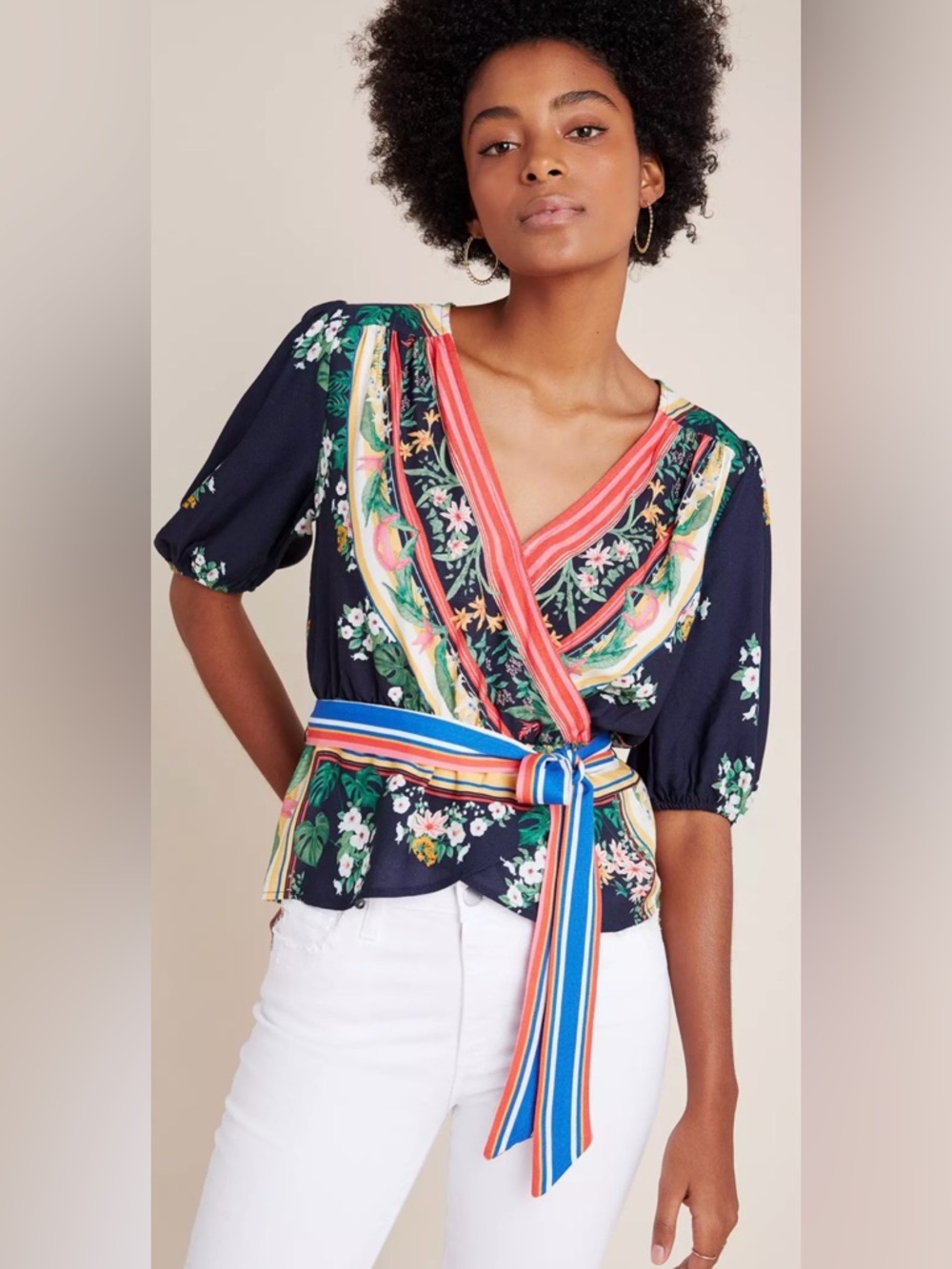 Farm Rio for Anthropologie -Floral V-Neck Wrap Peplum Top in Navy, Size S